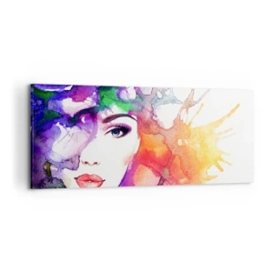 Cuadro sobre lienzo - Impresión de Imagen - Retrato de una mujer en colores de acuarela con manchas abstractas. - 120x50cm - Con la cabeza en las nubes - Decoración de pared moderna para salón y dormitorio ARTTOR