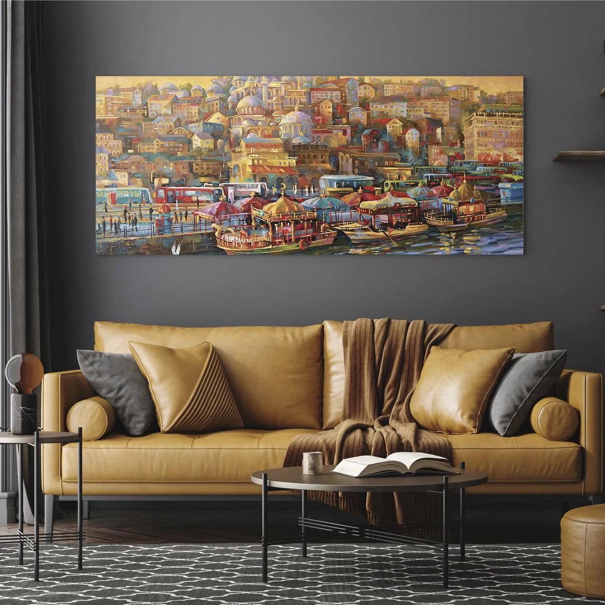 Cuadro sobre vidrio - Impresiones sobre Vidrio - Panorama pintoresco de Estambul con vistas a la bahía y a la ciudad. - 140x50cm - Una historia en Estambul - Decoración de pared moderna para salón y dormitorio ARTTOR