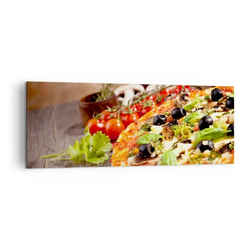 Cuadro sobre lienzo - Impresión de Imagen - Pizza con aceitunas, albahaca e ingredientes frescos sobre un fondo de madera. - 140x50cm - De ingredientes puros - Decoración de pared moderna para salón y dormitorio ARTTOR