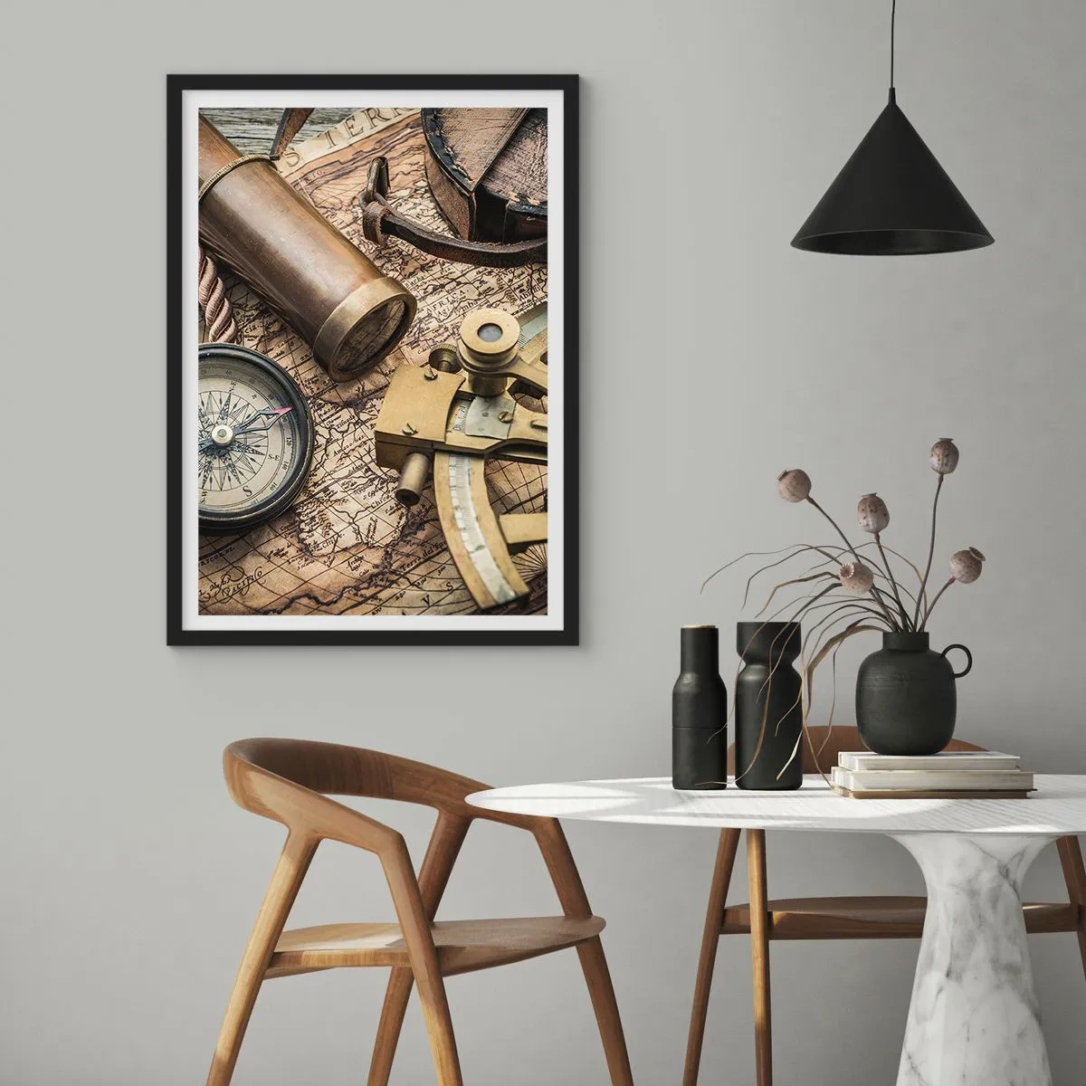 Póster en marco negro - Set de navegación con mapa, brújula y sextante - 50x70cm - Establecer un rumbo - Decoración de pared moderna para salón y dormitorio ARTTOR