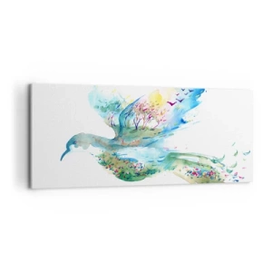 Cuadro sobre lienzo - Impresión de Imagen - Composición en acuarela de un pájaro con elementos de la naturaleza. - 120x50cm - En las alas de la naturaleza - Decoración de pared moderna para salón y dormitorio ARTTOR