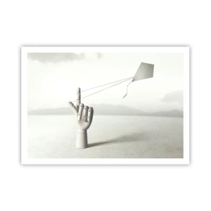Póster - Una mano de madera minimalista con una cometa sobre un fondo de paisaje. - 100x70cm - Una prueba de fuerza - Decoración de pared moderna para salón y dormitorio ARTTOR