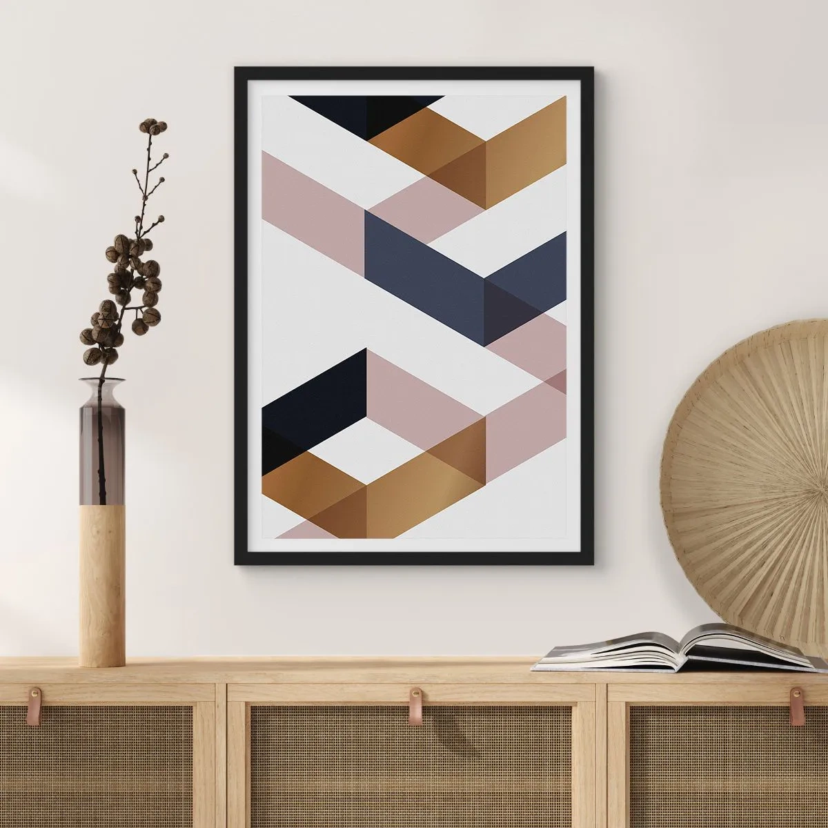 Póster en marco negro - Formas geométricas en tonos dorados, negros y beige. - 50x70cm - Rectas y ángulos - Decoración de pared moderna para salón y dormitorio ARTTOR