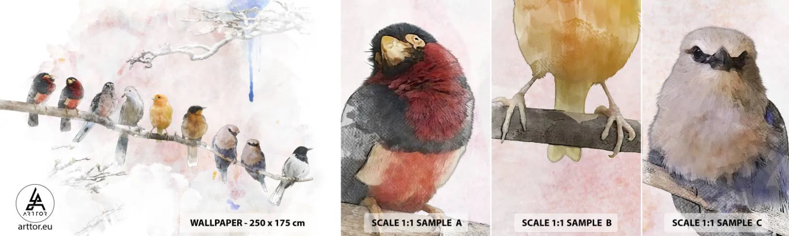 Muestra de fotomural autoadhesivo Deluxe Sticker - Reunión alada - Aves, Naturaleza, Gráficos - 100x30 cm