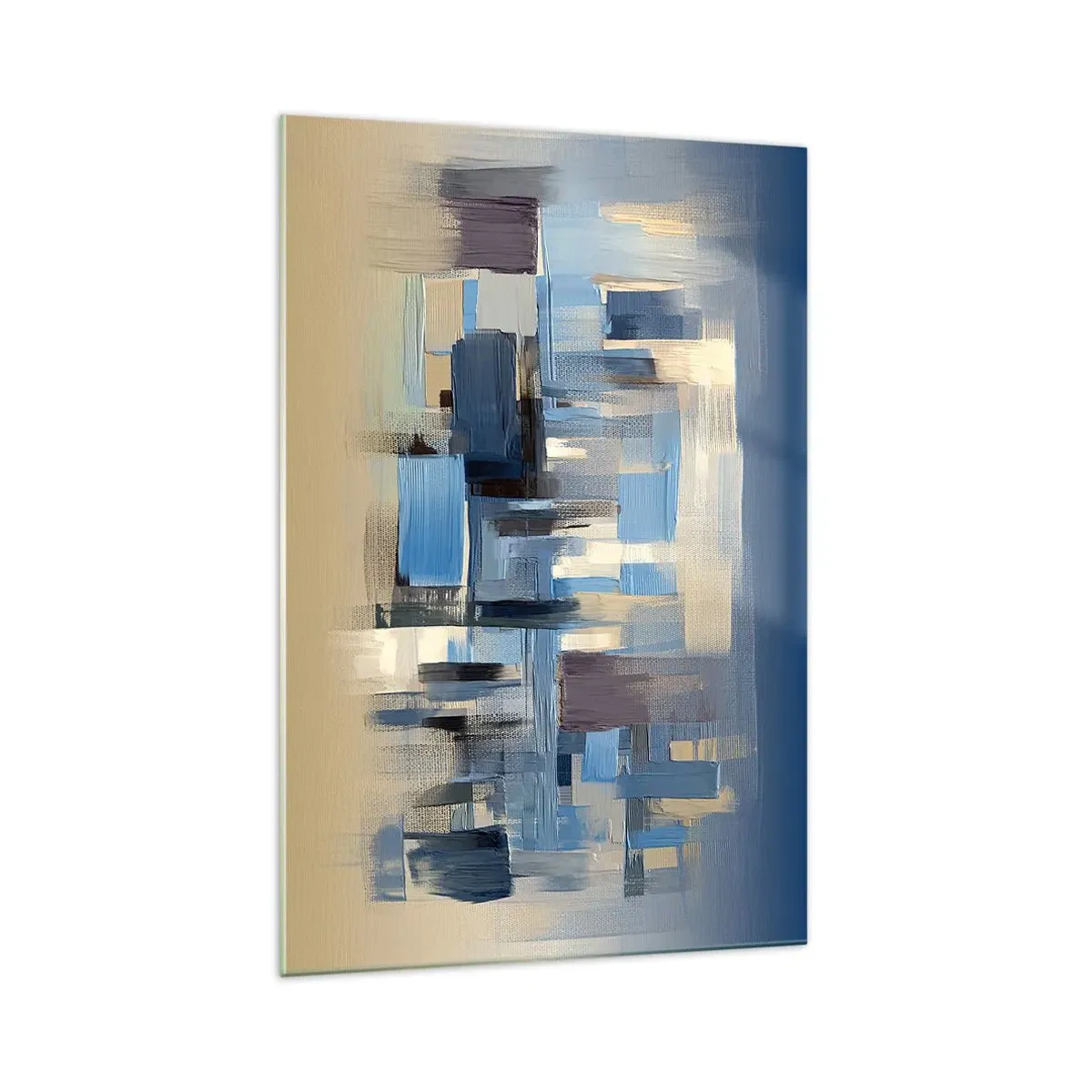 Cuadro sobre vidrio - Impresiones sobre Vidrio - Formas geométricas en tonos azules y beige. - 70x100cm - Construcción azul - Decoración de pared moderna para salón y dormitorio ARTTOR