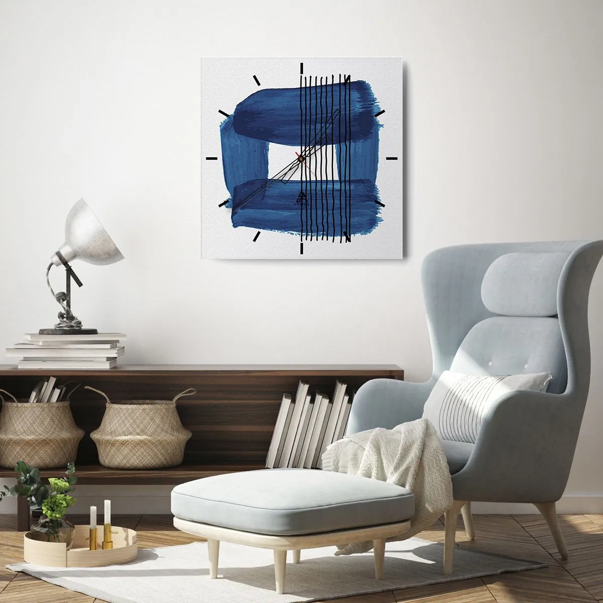 Reloj de pared - Reloj de vidrio - Patrón abstracto en tonos azules con líneas negras. - 30x30cm - Composición azul y negra - Decoración de pared moderna para salón y dormitorio ARTTOR