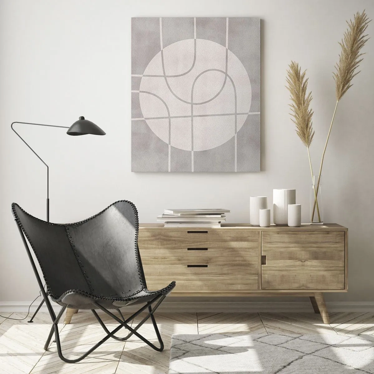 Cuadro sobre vidrio - Impresiones sobre Vidrio - Líneas y círculos beige que crean una composición geométrica. - 50x70cm - Circular y rectilíneo - Decoración de pared moderna para salón y dormitorio ARTTOR