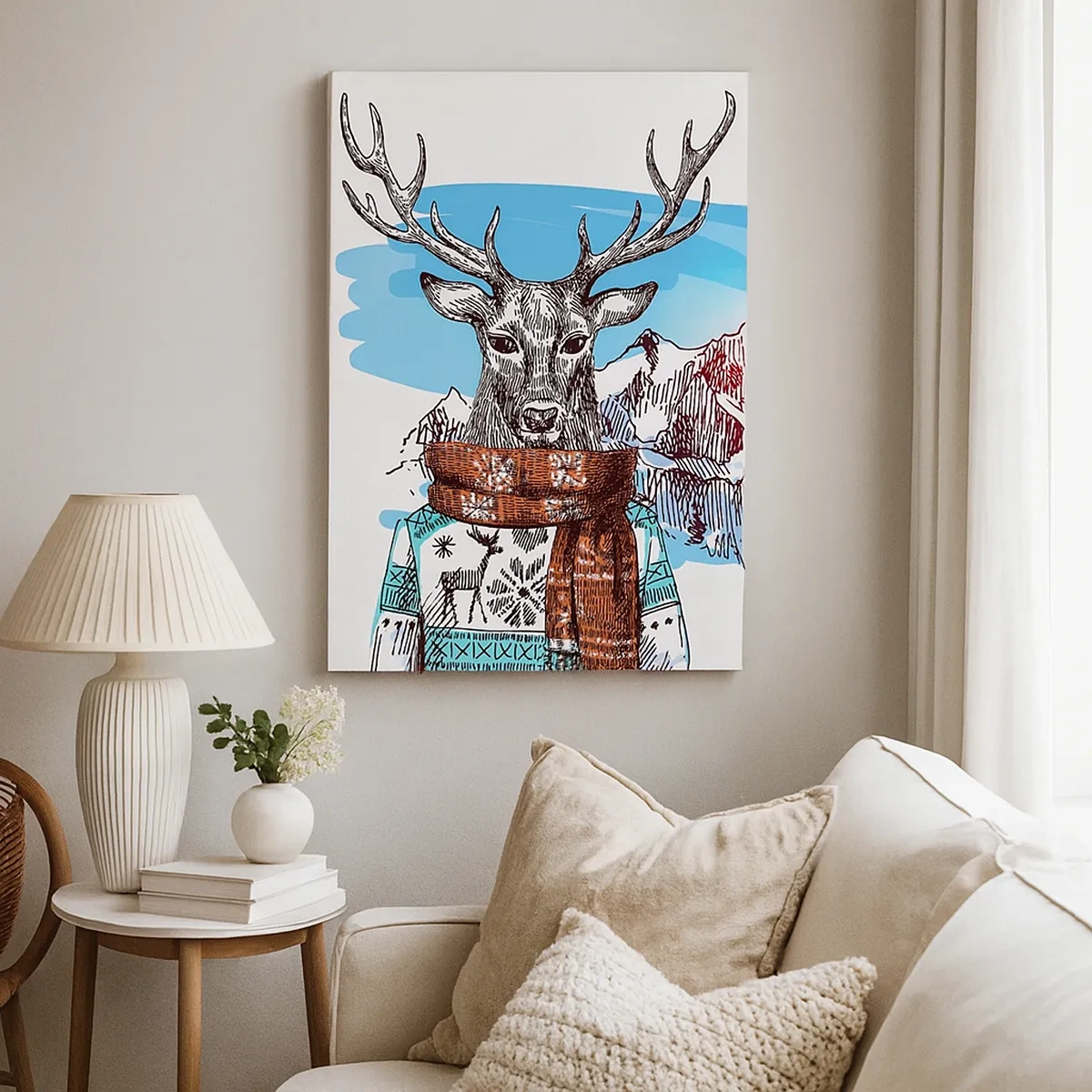 Cuadro sobre lienzo - Impresión de Imagen - Un ciervo con un suéter de invierno frente a un paisaje montañoso. - 50x70cm - Ni el ciervo pasa frío - Decoración de pared moderna para salón y dormitorio ARTTOR