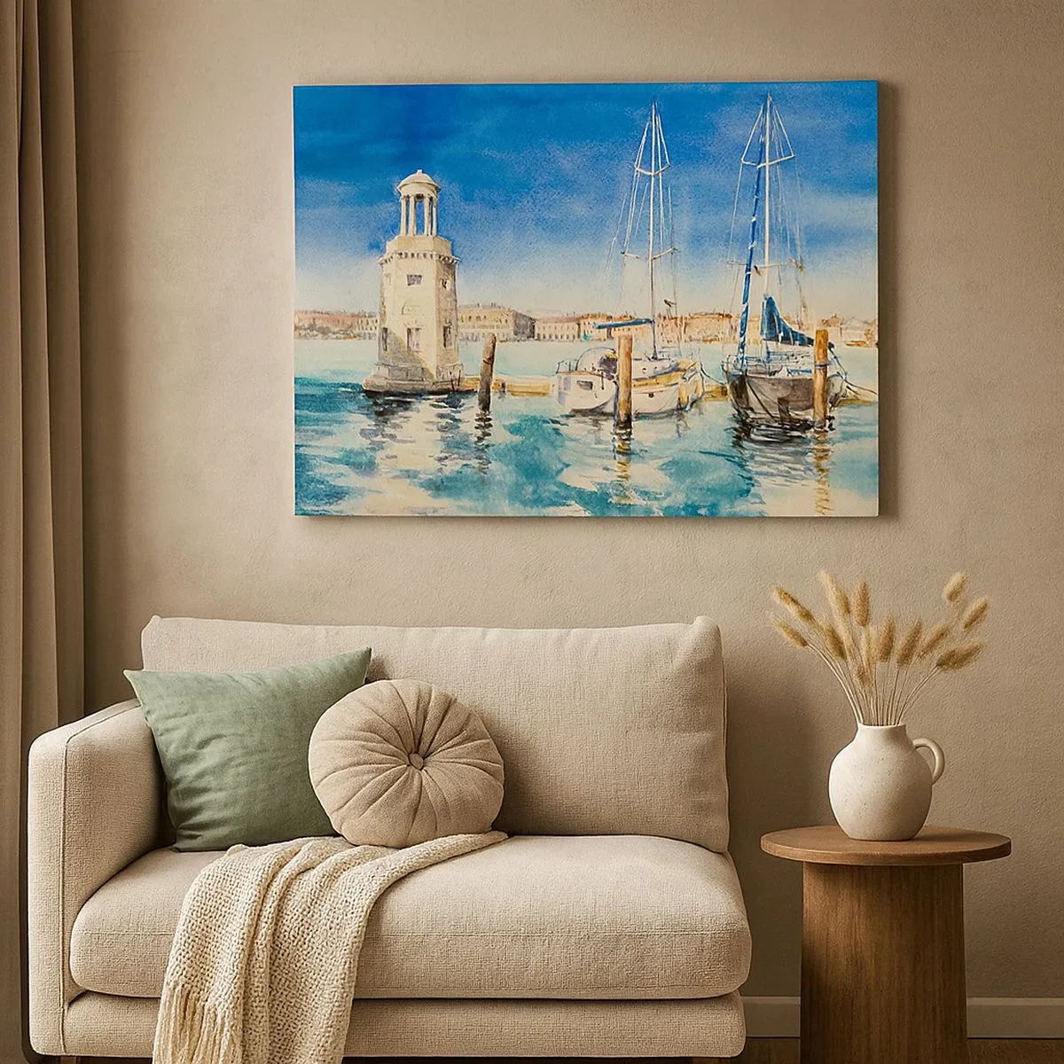 Cuadro sobre lienzo - Impresión de Imagen - Puerto deportivo con barcos con el fondo de una laguna azul - 70x50cm - Laguna soleada - Decoración de pared moderna para salón y dormitorio ARTTOR