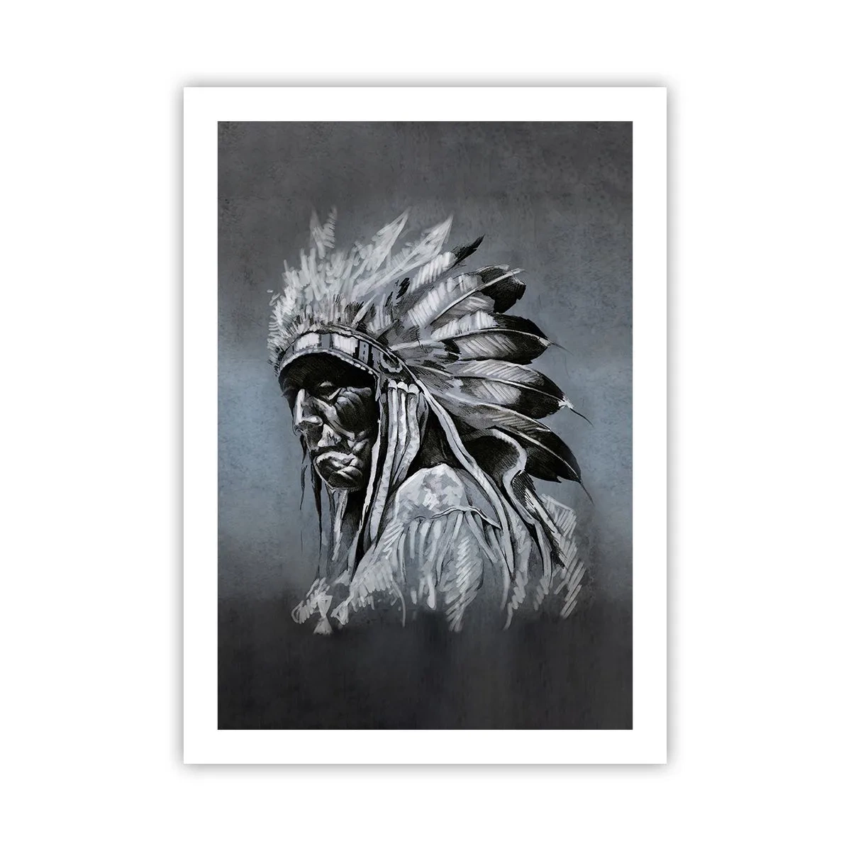 Póster - Retrato de un jefe indio con un tocado de plumas sobre un fondo gris - 50x70cm - Regreso a las raíces - Decoración de pared moderna para salón y dormitorio ARTTOR