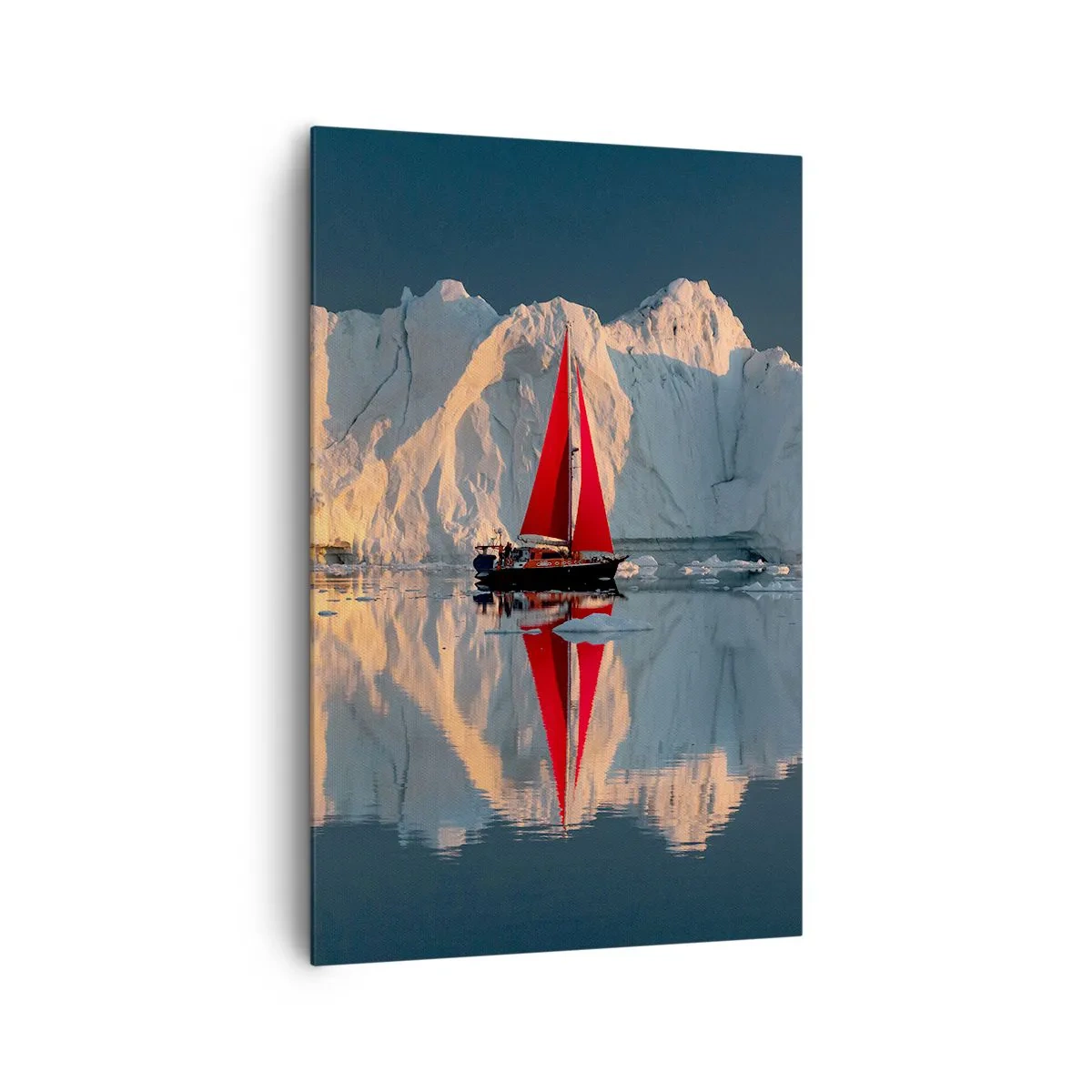 Cuadro sobre lienzo - Impresión de Imagen - Un velero con una vela roja con el fondo de un glaciar. - 80x120cm - En el límite del mundo - Decoración de pared moderna para salón y dormitorio ARTTOR