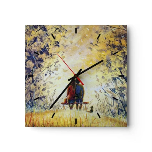 Reloj de pared - Reloj de vidrio - Una pareja sentada en un banco entre árboles otoñales bajo la luz del sol. - 30x30cm - Un momento mágico - Decoración de pared moderna para salón y dormitorio ARTTOR