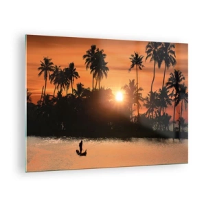 Cuadro sobre vidrio - Impresiones sobre Vidrio - Paisaje tropical con palmeras y puesta de sol sobre el río. - 70x50cm - Tiempo de descanso - Decoración de pared moderna para salón y dormitorio ARTTOR