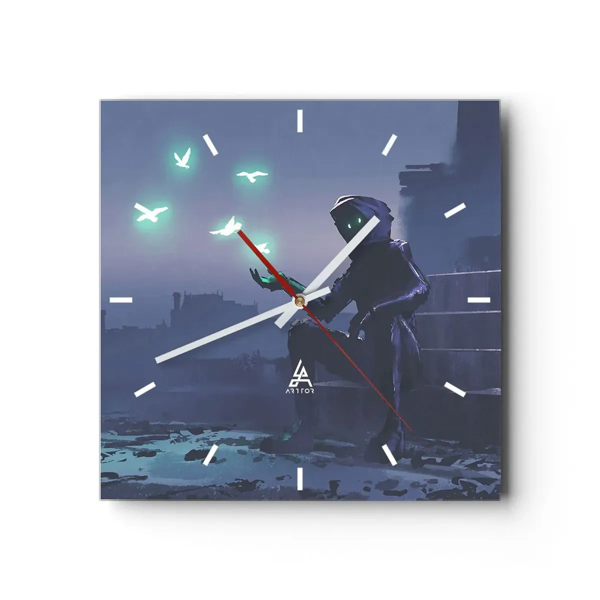 Reloj de pared - Reloj de vidrio - Una figura encapuchada con pájaros mágicos en el fondo de una ciudad. - 30x30cm - La vida volverá - Decoración de pared moderna para salón y dormitorio ARTTOR