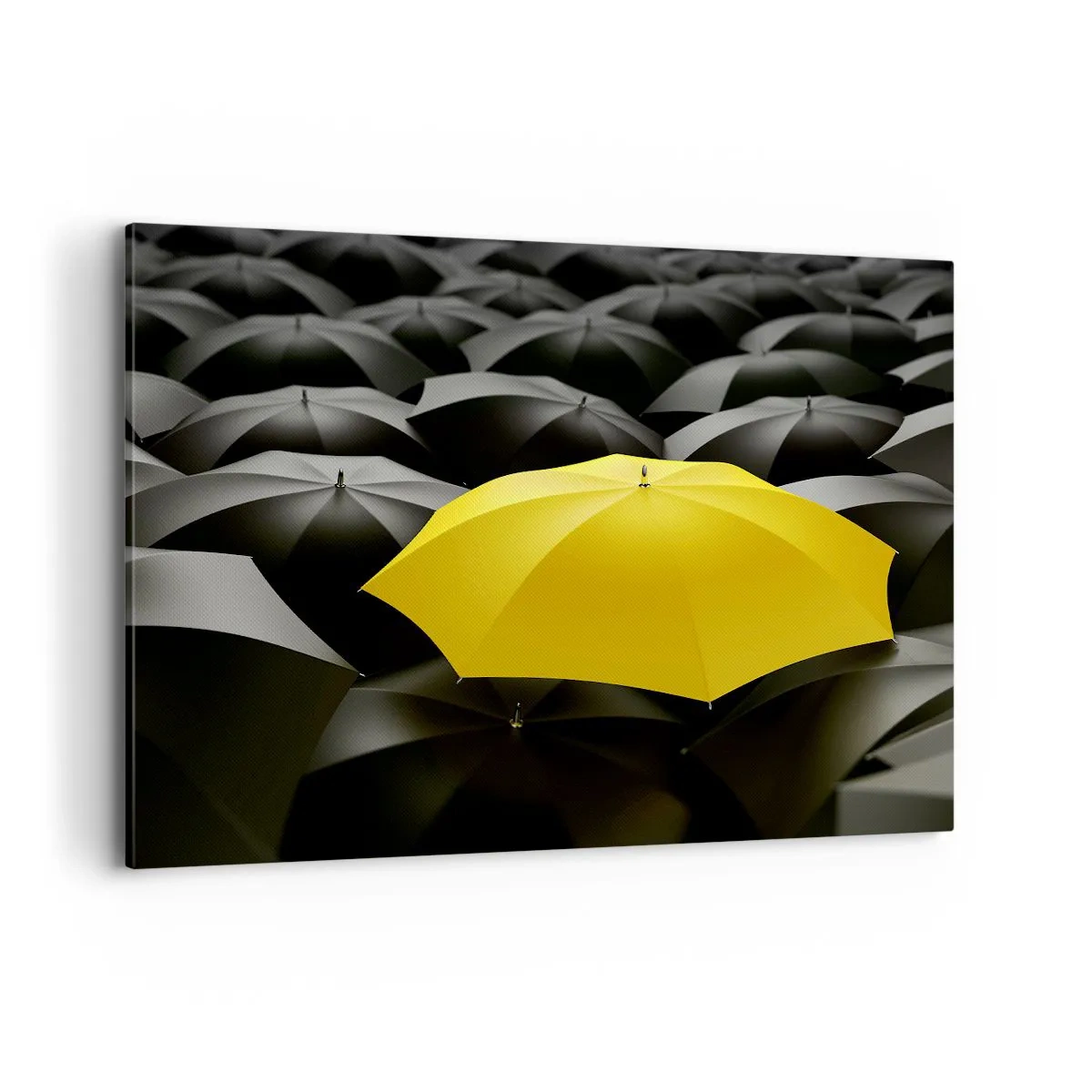Cuadro sobre lienzo - Impresión de Imagen - Un paraguas amarillo entre paraguas negros. - 100x70cm - Adiós a la tristeza - Decoración de pared moderna para salón y dormitorio ARTTOR