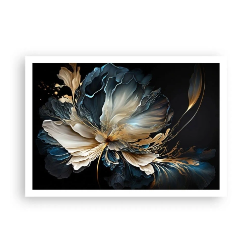 Póster - Una flor en tonos dorados y azul marino sobre un fondo negro. - 100x70cm - Flor de helecho de cuento - Decoración de pared moderna para salón y dormitorio ARTTOR