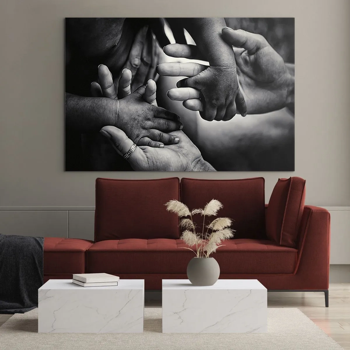 Cuadro sobre vidrio - Impresiones sobre Vidrio - Apretón de manos simbólico en blanco y negro de diferentes generaciones - 100x70cm - Ser humano - Decoración de pared moderna para salón y dormitorio ARTTOR