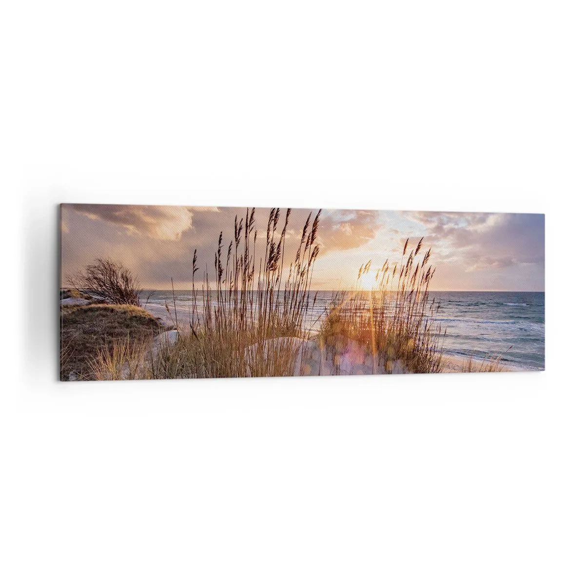 Cuadro sobre lienzo - Impresión de Imagen - Dunas con hierbas con el sol poniente como telón de fondo - 160x50cm - Adiós al sol y al viento - Decoración de pared moderna para salón y dormitorio ARTTOR