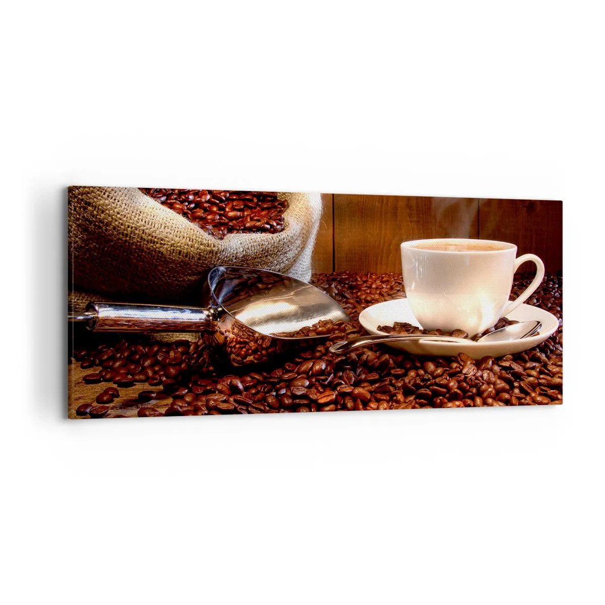 Cuadro sobre lienzo - Impresión de Imagen - Una taza de café con granos de café y una bolsa de granos al fondo. - 120x50cm - ¿Hueles eso? - Decoración de pared moderna para salón y dormitorio ARTTOR
