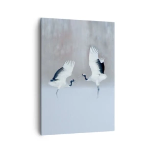 Cuadro sobre lienzo - Impresión de Imagen - Dos grullas bailando en un paisaje brumoso - 50x70cm - Danza en la niebla - Decoración de pared moderna para salón y dormitorio ARTTOR