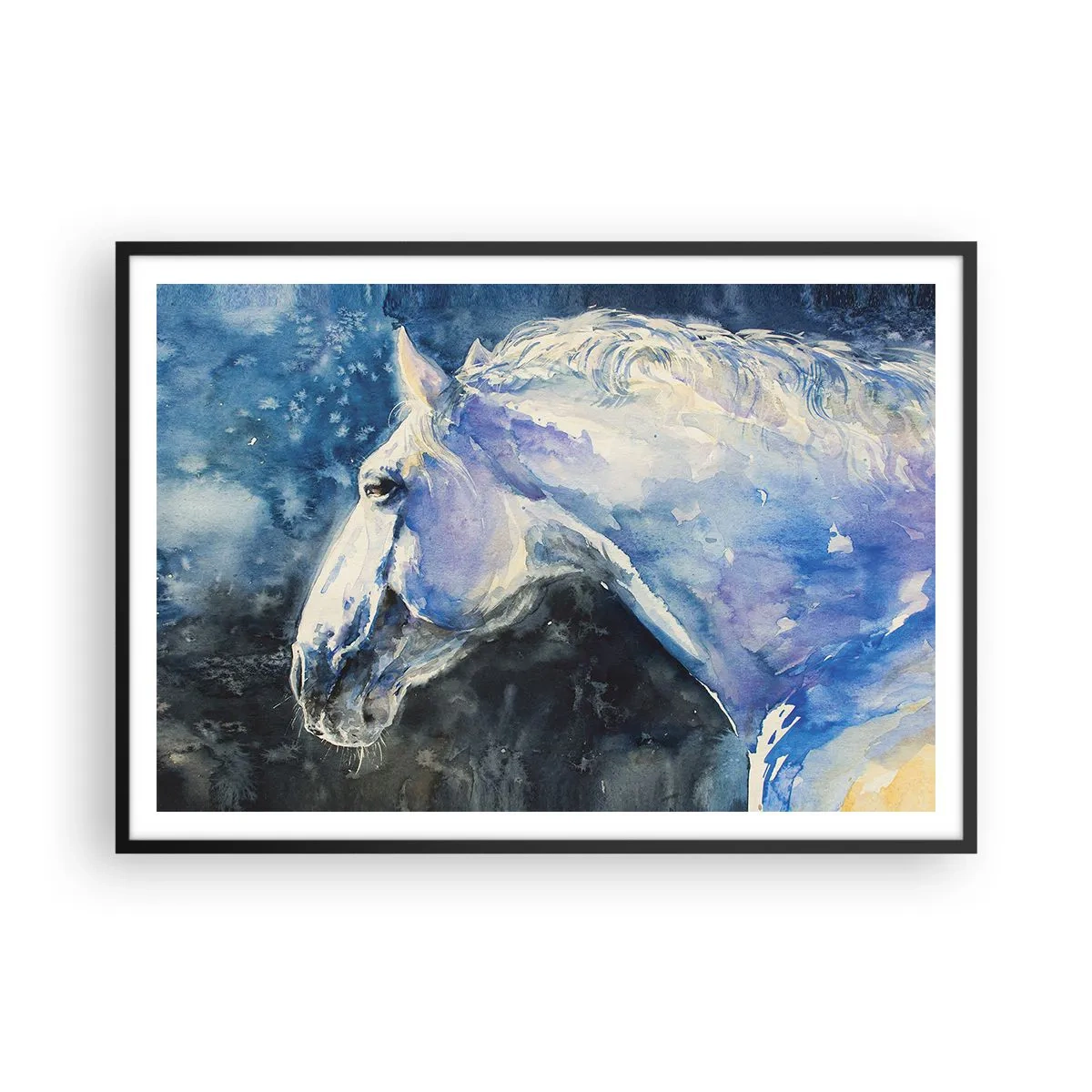 Póster en marco negro - Un retrato de un caballo en tonos azules con un efecto de acuarela pictórica. - 100x70cm - Retrato en un resplandor azul - Decoración de pared moderna para salón y dormitorio ARTTOR