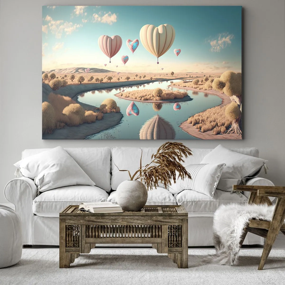 Cuadro sobre lienzo - Impresión de Imagen - Globos en forma de corazón flotando sobre el paisaje. - 70x50cm - El amor te hace volar - Decoración de pared moderna para salón y dormitorio ARTTOR
