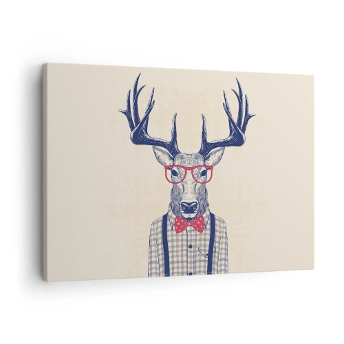 Cuadro sobre lienzo - Impresión de Imagen - Gráfico estilizado de un ciervo con gafas y pajarita. - 70x50cm - Una extravagancia lúdica - Decoración de pared moderna para salón y dormitorio ARTTOR