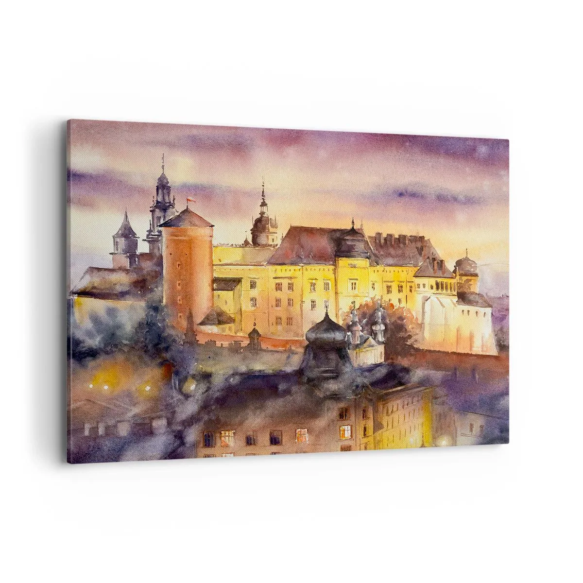 Cuadro sobre lienzo - Impresión de Imagen - Una pintoresca pintura de acuarela de un castillo al atardecer. - 100x70cm - Una historia y un cuento - Decoración de pared moderna para salón y dormitorio ARTTOR