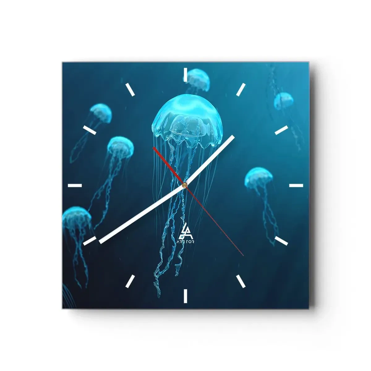 Reloj de pared - Reloj de vidrio - Medusas flotando en las profundidades del océano en tonos azules. - 30x30cm - Danza oceánica - Decoración de pared moderna para salón y dormitorio ARTTOR