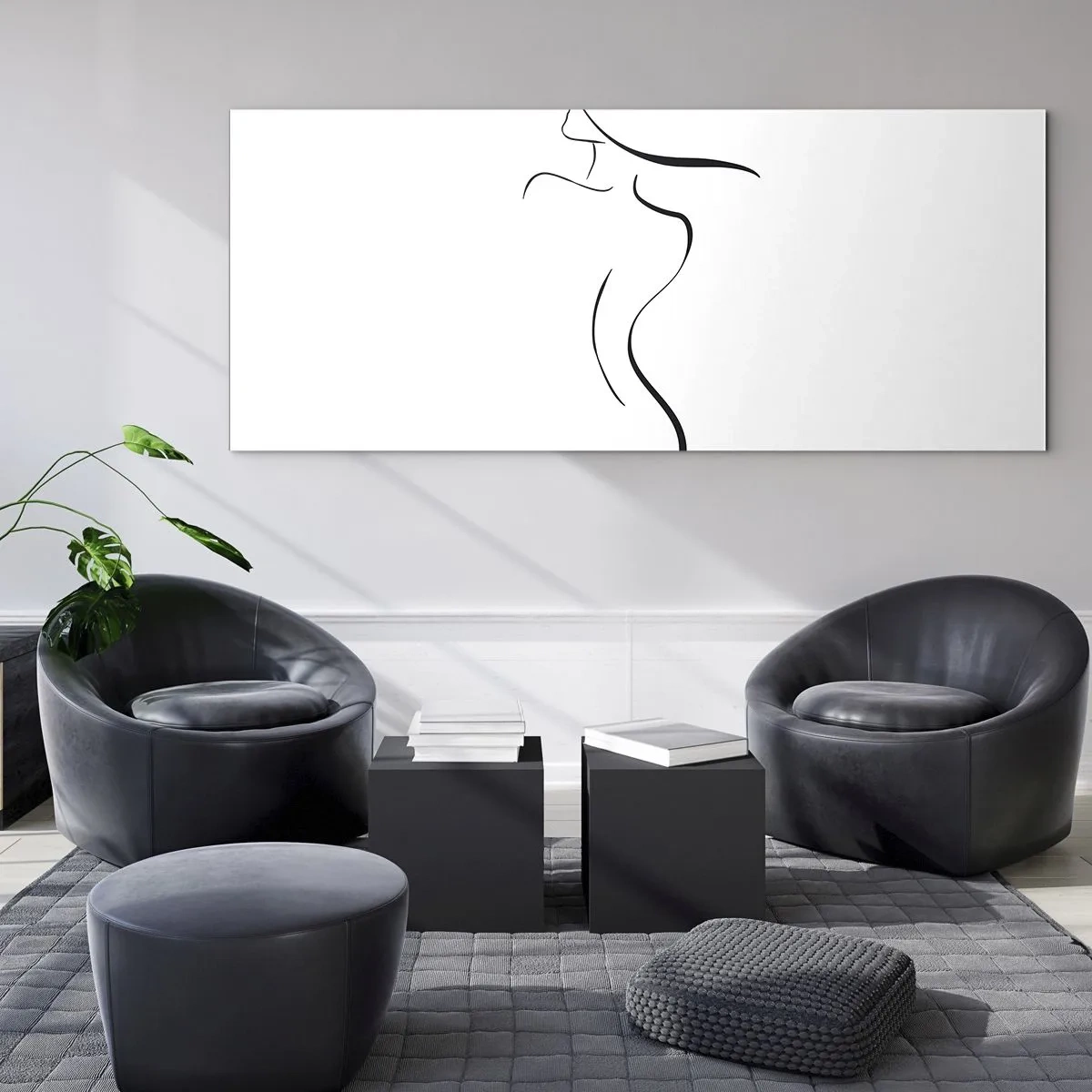 Cuadro sobre vidrio - Impresiones sobre Vidrio - Contorno minimalista de una silueta femenina sobre un fondo blanco. - 140x50cm - Escurridiza como una ola - Decoración de pared moderna para salón y dormitorio ARTTOR