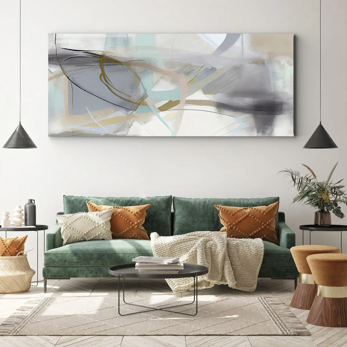 Cuadro sobre lienzo - Impresión de Imagen - Abstracción pastel con líneas delicadas. - 120x50cm - Abstracción brumosa - Decoración de pared moderna para salón y dormitorio ARTTOR