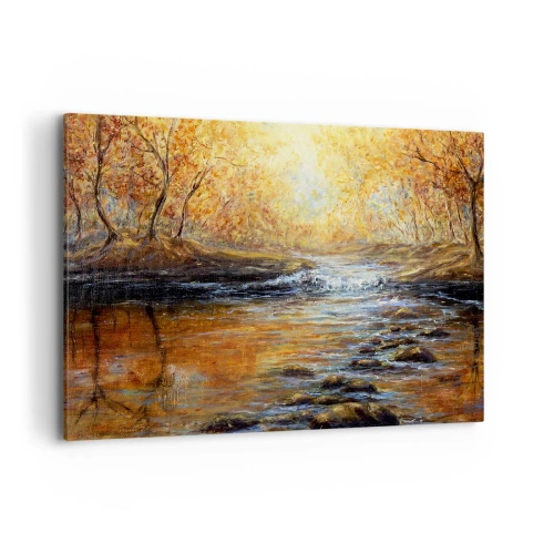 Cuadro sobre lienzo - Impresión de Imagen - Paisaje otoñal con un río entre los árboles. - 100x70cm - Arroyo de oro - Decoración de pared moderna para salón y dormitorio ARTTOR