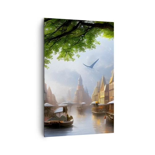 Cuadro sobre lienzo - Impresión de Imagen - Un pintoresco paisaje holandés con un canal y casas de vecindad. - 80x120cm - Paisaje urbano holandés - Decoración de pared moderna para salón y dormitorio ARTTOR