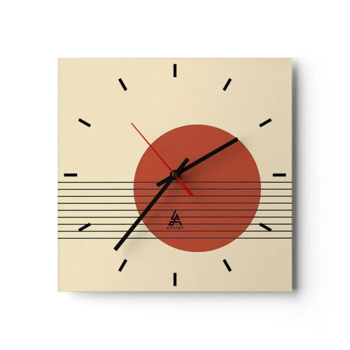 Reloj de pared - Reloj de vidrio - Círculo rojo abstracto con líneas sobre fondo beige. - 30x30cm - Cruzando el círculo - Decoración de pared moderna para salón y dormitorio ARTTOR