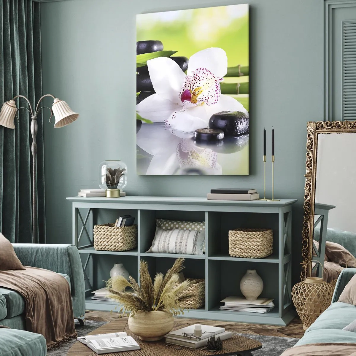 Cuadro sobre lienzo - Impresión de Imagen - Orquídea, piedras y bambú en una armoniosa composición de spa. - 50x70cm - Frescura - Decoración de pared moderna para salón y dormitorio ARTTOR
