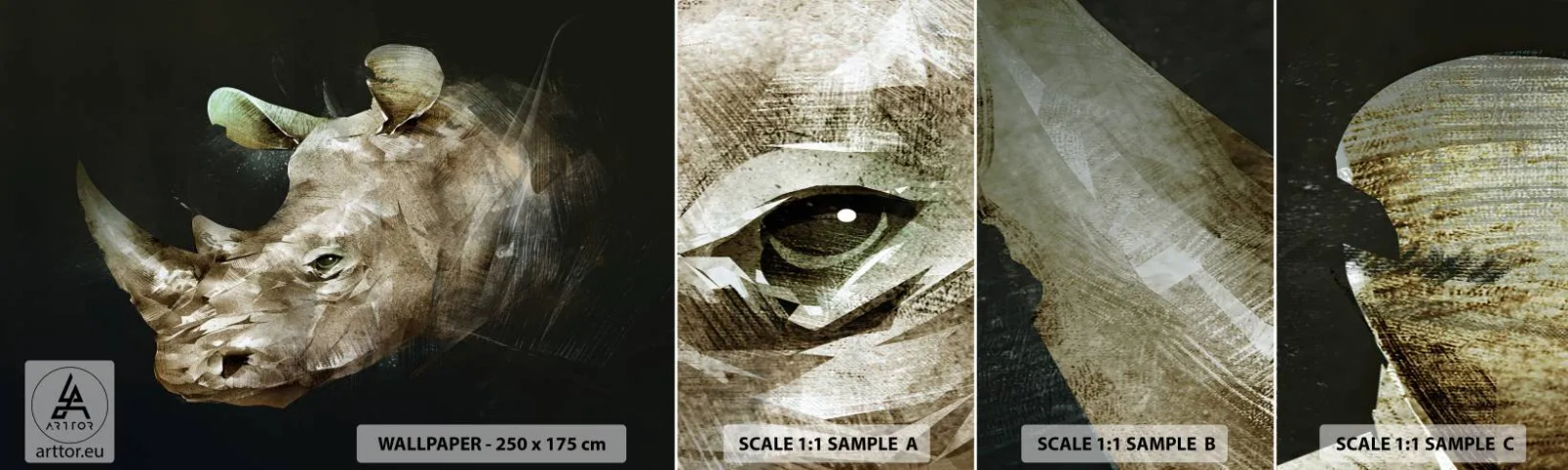 Muestra de fotomural autoadhesivo Deluxe Sticker - La verdadera fuerza - Abstracción, Rinoceronte, animales - 100x30 cm