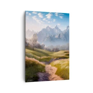 Cuadro sobre lienzo - Impresión de Imagen - Un valle de montaña con prados, cabañas y vistas a los picos. - 70x100cm - Valle idílico - Decoración de pared moderna para salón y dormitorio ARTTOR