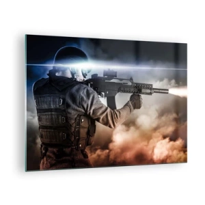 Cuadro sobre vidrio - Impresiones sobre Vidrio - Un soldado en acción disparando un rifle contra un fondo de humo. - 70x50cm - Luchador - Decoración de pared moderna para salón y dormitorio ARTTOR