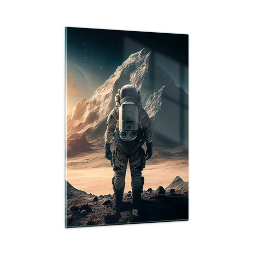 Cuadro sobre vidrio - Impresiones sobre Vidrio - Astronauta con el telón de fondo de majestuosas montañas - 80x120cm - Un nuevo reto - Decoración de pared moderna para salón y dormitorio ARTTOR