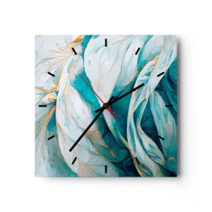Reloj de pared - Reloj de vidrio - Hojas azules abstractas con detalles dorados - 30x30cm - Abstracción azul con motivos dorados - Decoración de pared moderna para salón y dormitorio ARTTOR