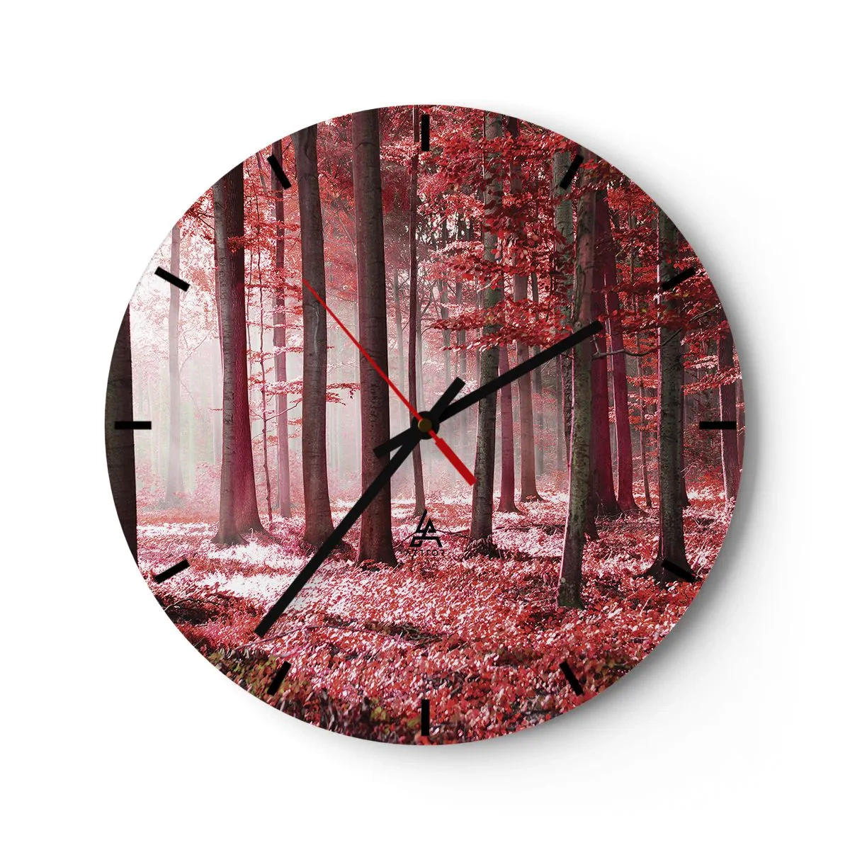 Reloj de pared - Reloj de vidrio - Un pintoresco bosque en tonos rojos a la luz de la mañana. - 30x30cm - Rojo como el que más - Decoración de pared moderna para salón, cocina y dormitorio ARTTOR