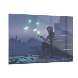 Cuadro sobre vidrio - Impresiones sobre Vidrio - Una figura en la oscuridad rodeada de pájaros verdes flotantes. - 120x80cm - La vida volverá - Decoración de pared moderna para salón y dormitorio ARTTOR