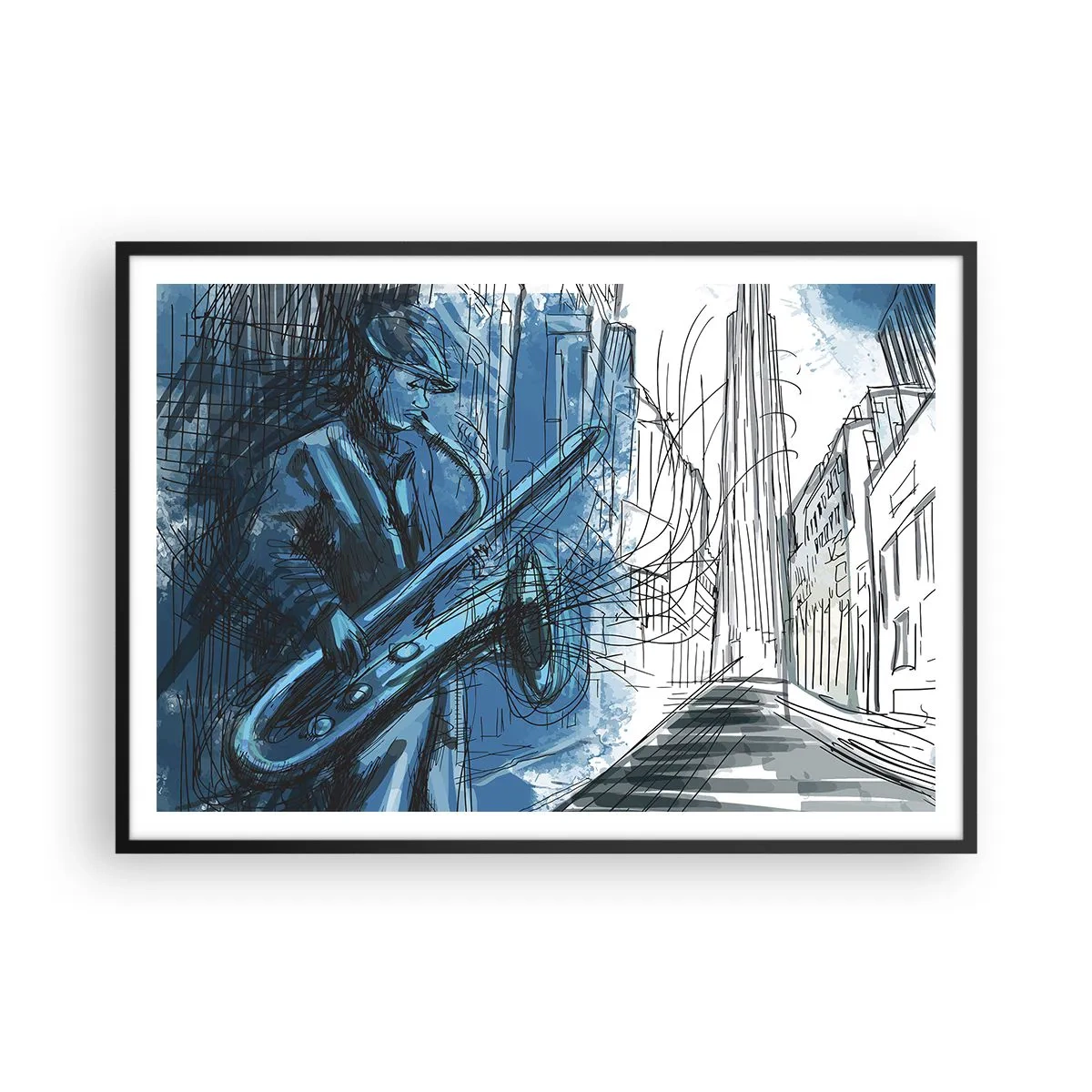 Póster en marco negro - Una figura tocando el saxofón con una ciudad como telón de fondo. - 100x70cm - Rapsodia urbana - Decoración de pared moderna para salón y dormitorio ARTTOR