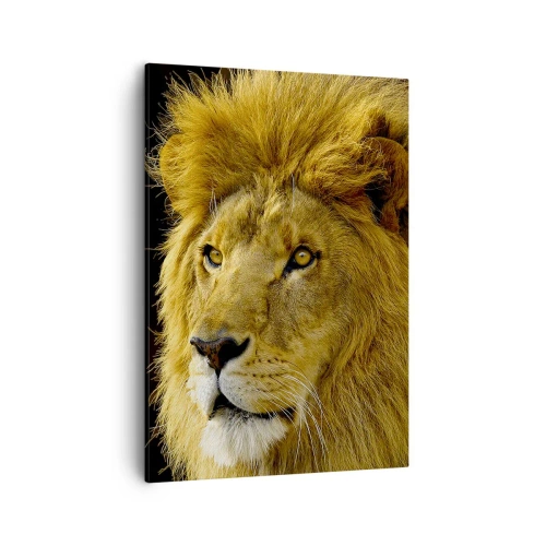 Cuadro sobre lienzo - Impresión de Imagen - Retrato de un león con una melena majestuosa sobre un fondo oscuro - 50x70cm - Retrato de un rey - Decoración de pared moderna para salón y dormitorio ARTTOR