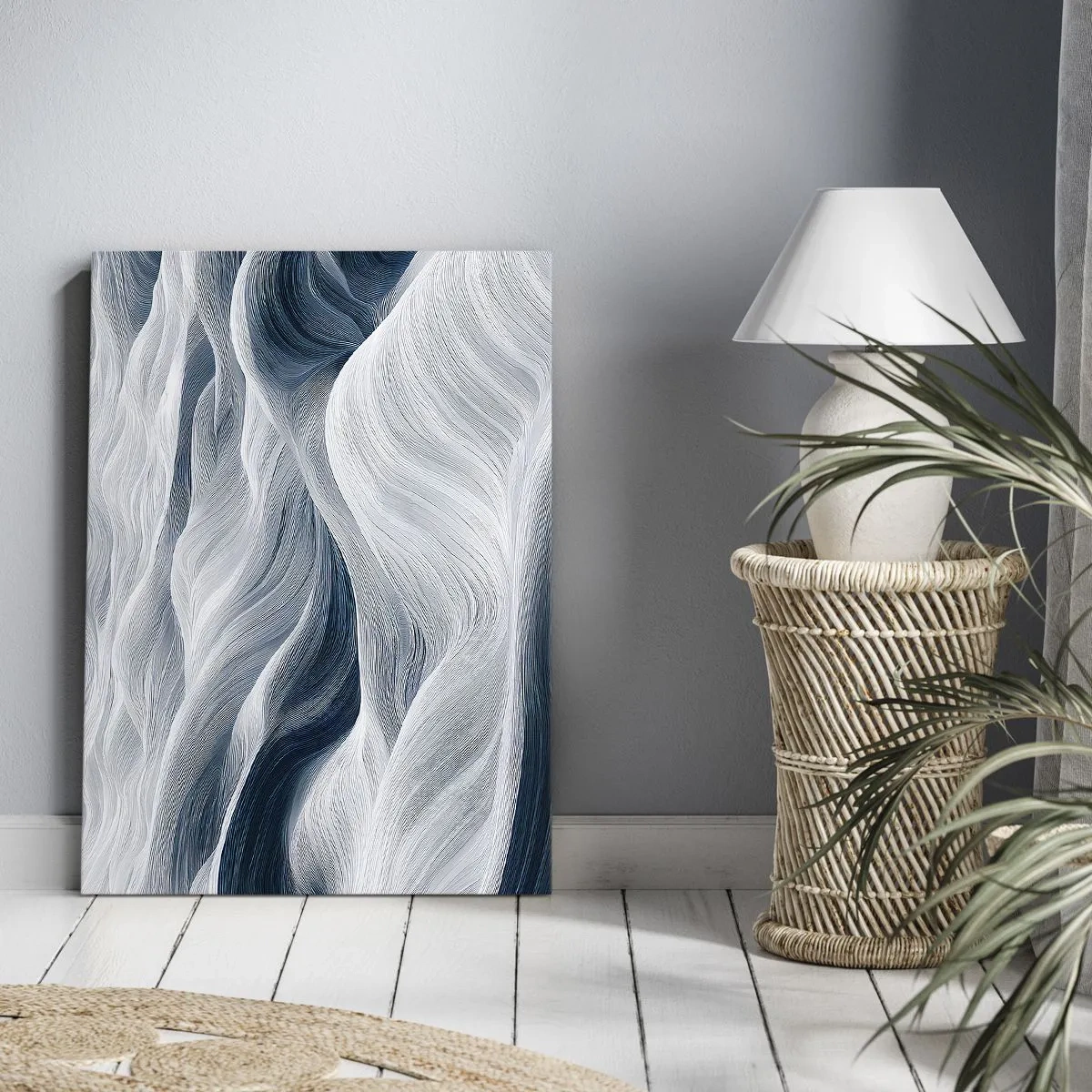 Cuadro sobre lienzo - Impresión de Imagen - Líneas onduladas en tonos azules y blancos. - 50x70cm - Olas blancas y azules - Decoración de pared moderna para salón y dormitorio ARTTOR