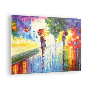 Cuadro sobre vidrio - Impresiones sobre Vidrio - Un colorido paseo bajo la lluvia con un paraguas impresionista. - 70x50cm - Y todo está claro - Decoración de pared moderna para salón y dormitorio ARTTOR
