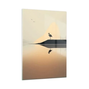 Cuadro sobre vidrio - Impresiones sobre Vidrio - Una garza parada en una isla en las tranquilas aguas de un lago. - 50x70cm - Un caballero en el lago - Decoración de pared moderna para salón y dormitorio ARTTOR