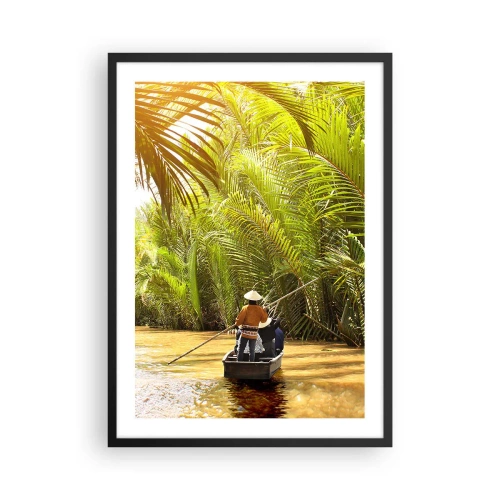 Póster en marco negro - Un barco tradicional en un bosque tropical de palmeras iluminado por el sol. - 50x70cm - En un túnel de palmeras - Decoración de pared moderna para salón y dormitorio ARTTOR