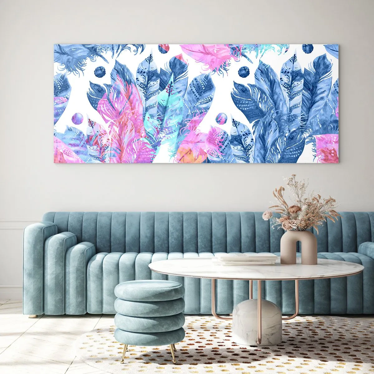 Cuadro sobre vidrio - Impresiones sobre Vidrio - Plumas de color rosa y azul - 100x40 cm