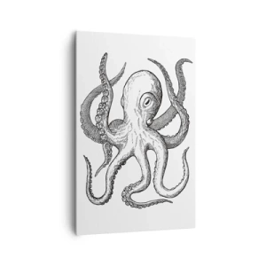 Cuadro sobre lienzo - Impresión de Imagen - Dibujo en blanco y negro de un pulpo sobre un fondo blanco en estilo vintage. - 80x120cm - Bailando con olas - Decoración de pared moderna para salón y dormitorio ARTTOR